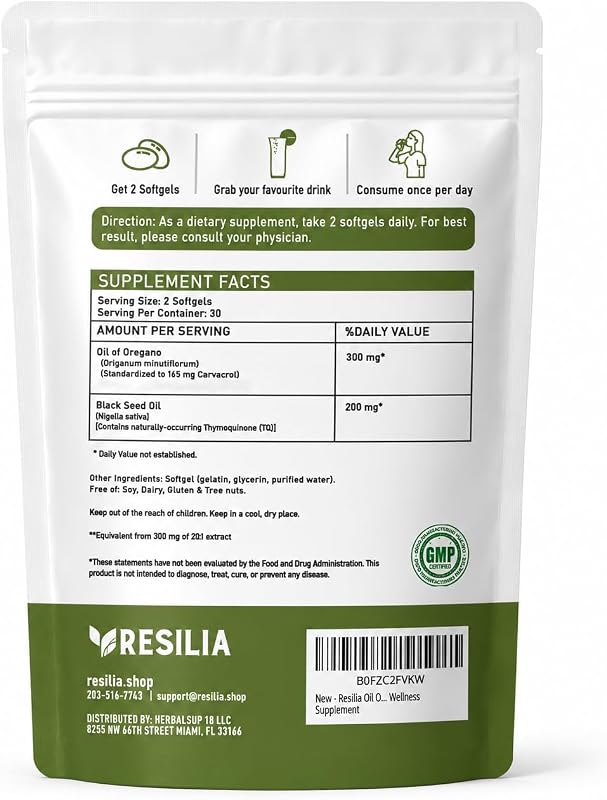 Resilia Oil Of Oregano Softgels with Black Seed Oil - 60 Softgels image 4