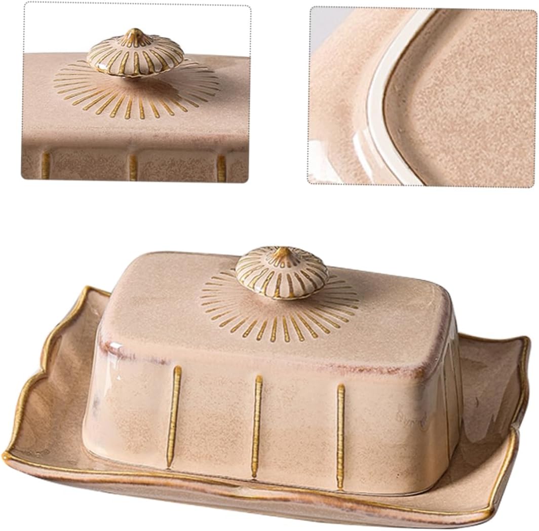 Cabilock Ceramic Butter Dish with Lid Vintage European Style Rectangular Butter Tray Food Storage Container Kitchenware Khaki