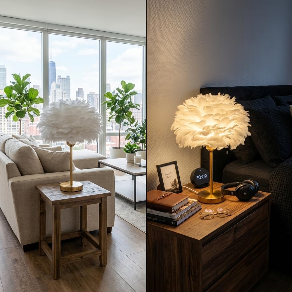 Lampe Federn Nachttischlampe Puschel Feder Tischleuchte E27 Tischlampe mit Kabel Warmweiß Federlampe Künstliche Federn Flauschige Gold Dekolampe für Schlafzimmer Wohnzimmer, 35cm x 47cm