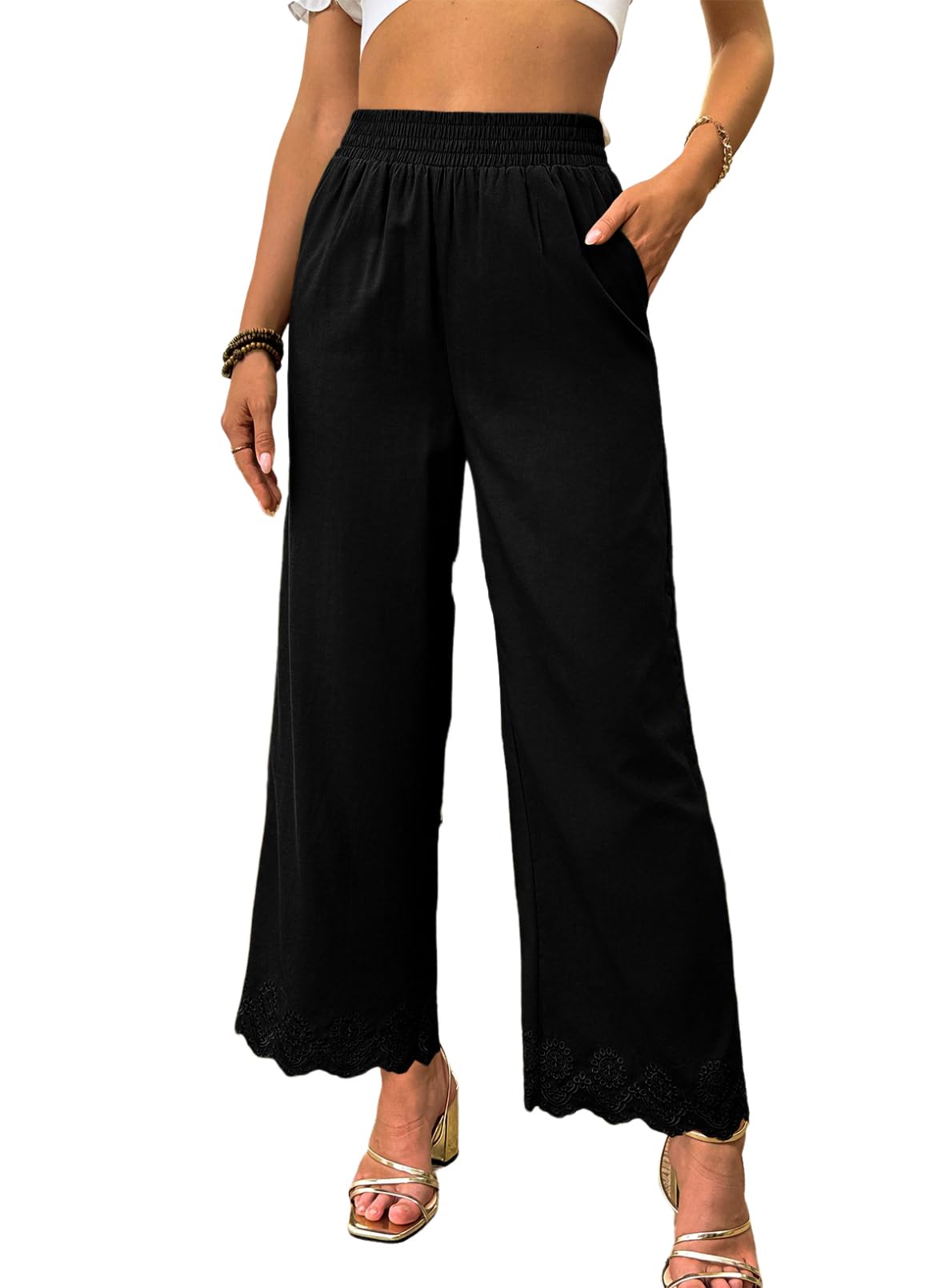 Dokotoo Casual Pants for Women High Waisted Elastic Wide Leg Pants Eyelet Lace Hem Trousers with Pockets