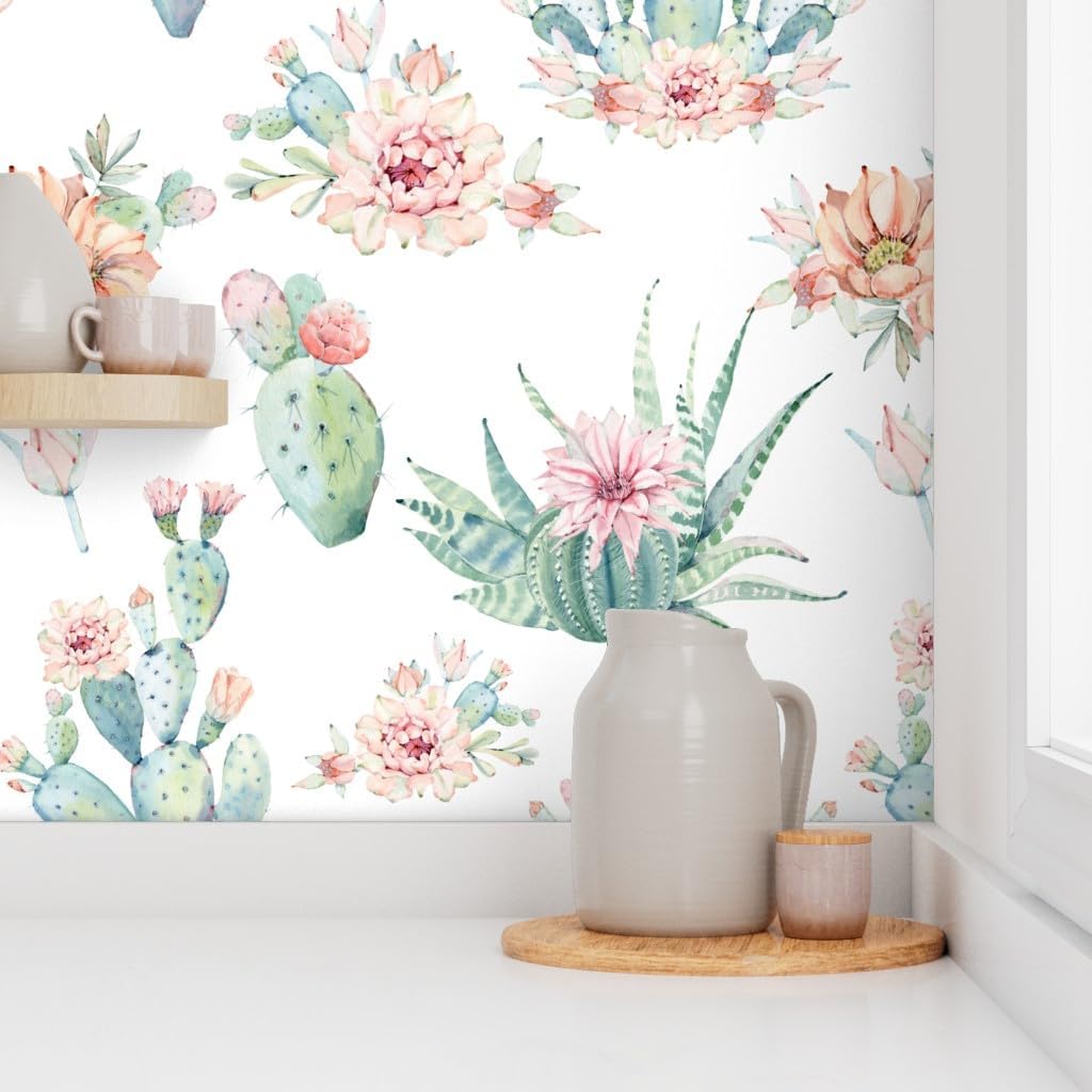 Spoonflower Peel & Stick Wallpaper 3ft x 2ft - Cacti Love Boho Cactus Watercolor Desert Southwestern Succulent Custom Removable Wallpaper