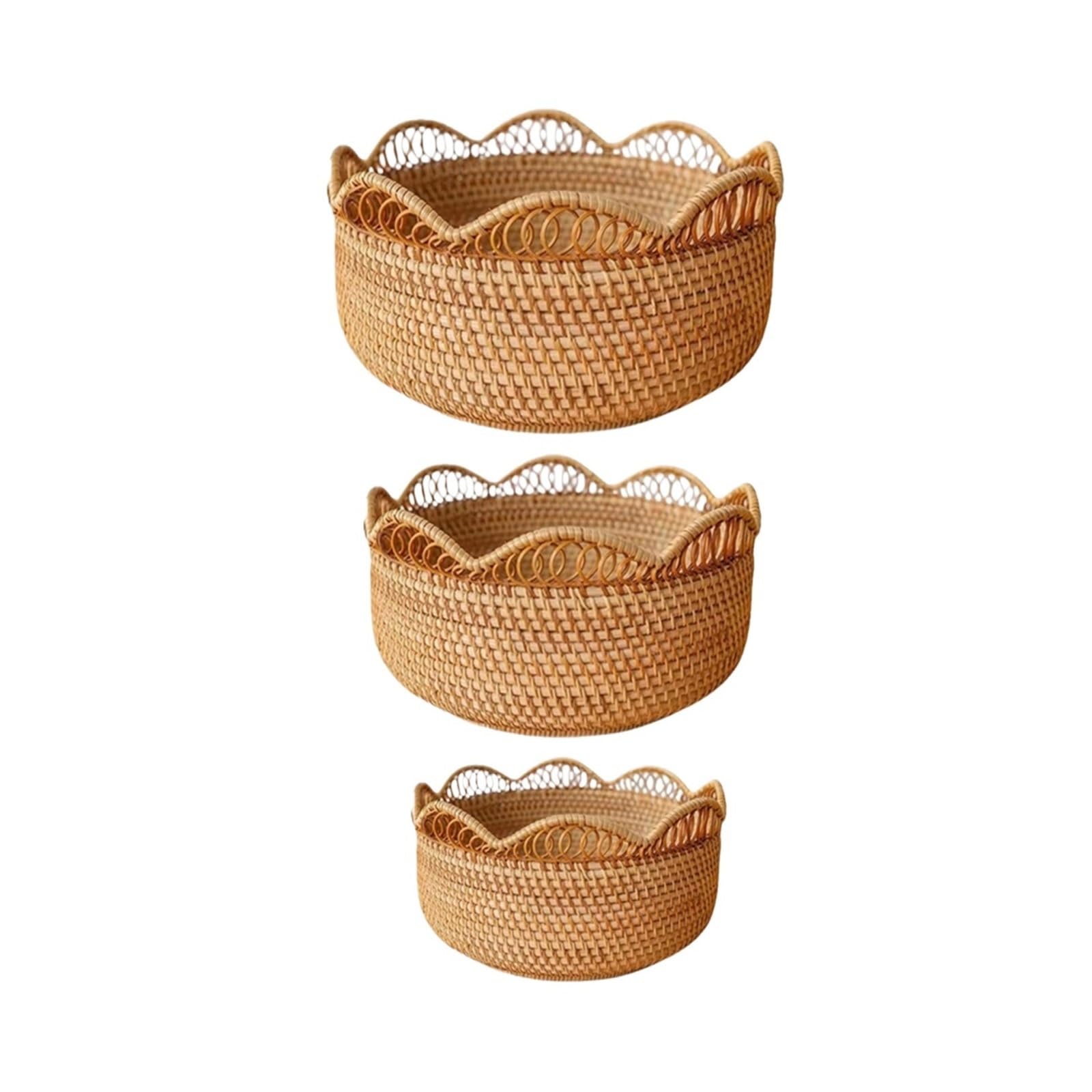 Cestino portafrutta intrecciato a mano, vassoio in rattan, cestini in vimini, pane, colazione, espositore, artigianato, decorazione domestica(3Pcs S M and L Set)