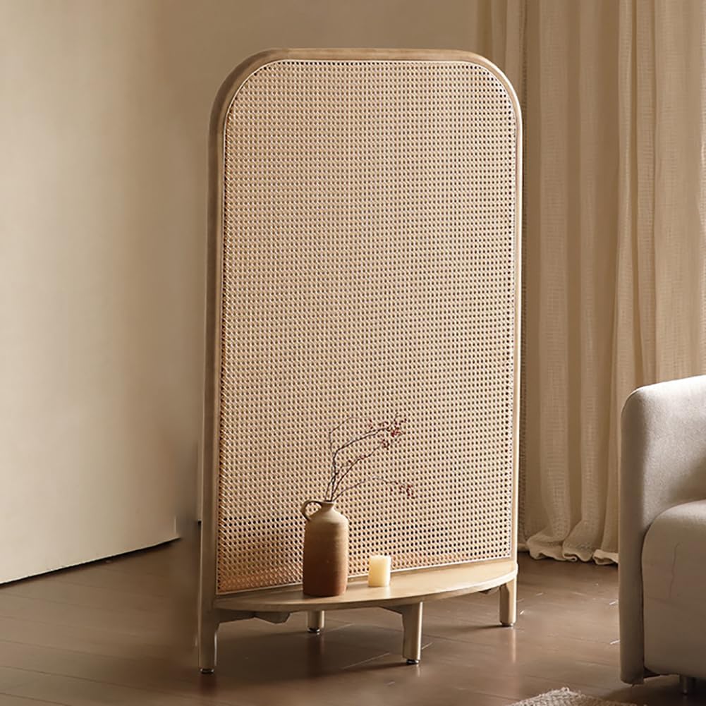 Single Panel Solid Wood Room Divider, Removable Rattan Indoor Screen, Multifunctional Base with Storage, Bedroom Decoration, Freestanding Wall Divider,A