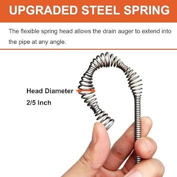 Drain Auger Clog Remover with Drill Adapter 25 Feet Flexible Plumbing Snake Manual or Powered for Kitchen, Bathroom, Shower Sink with Gloves Orange