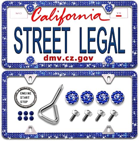 Newzon Blue Bling License Plate Frame, 4 Holes Premium Glass Rhinestones Cute License Plate Frames for Women, Men，with Diamond Caps, Rust/Rattle Proof Pad