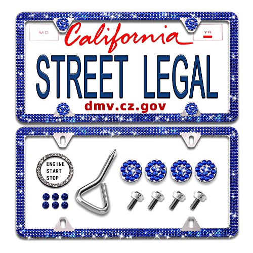 Newzon Blue Bling License Plate Frame, 4 Holes Premium Glass Rhinestones Cute License Plate Frames For Women, Men，With Diamond Caps, Rust/Rattle Proof Pad #TOP1