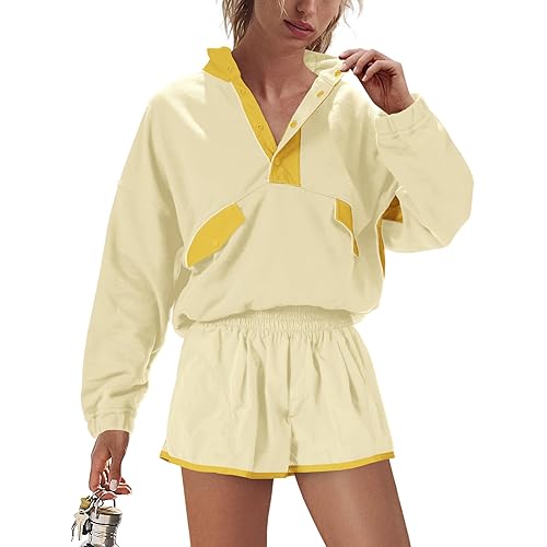 LAMISSCHE Work out Sets Gym for Women Sweatsuits 2 Piece Set Long Sleeve Top & Shorts Active Wear Sets with Pockets