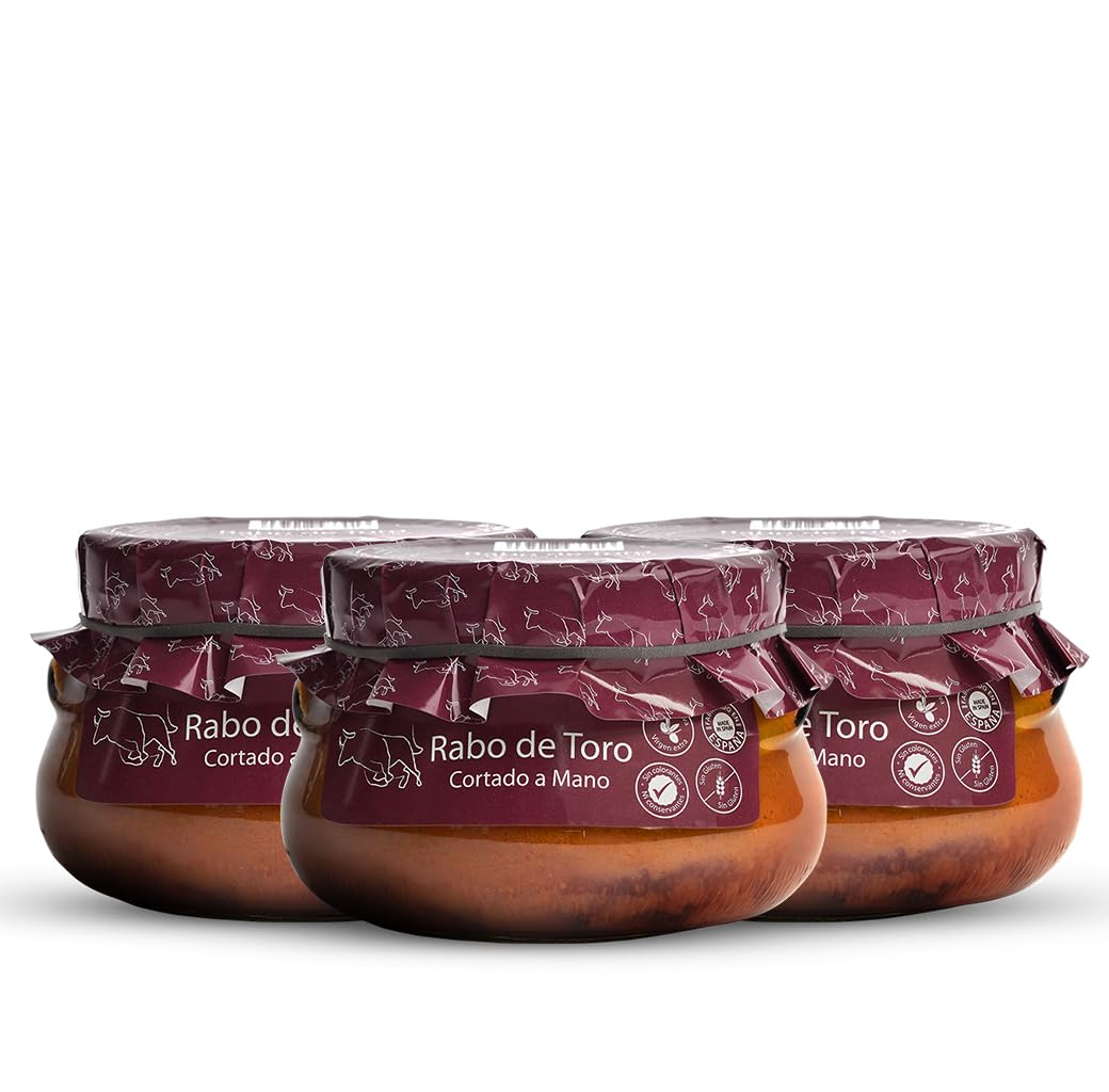 Rabo de Toro en salsa de vino tinto cortado a mano. Rabo de Toro estofado 640grs (Pack de 3). Receta familiar, casera y artesana. Conservas Gourmet. Regalo original Producto 100% elaborado en España.