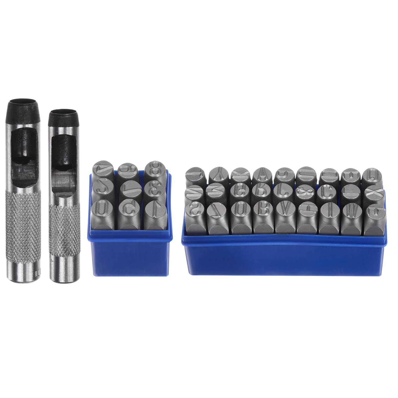 HARFINGTON Kit de estampado de metal de 36 piezas de 31/64 pulgadas (12,5 mm) (símbolo A-Z, 0-8 y "Símbolo) Herramienta de prensa de letras de acero con perforador para sellar en metal, plástico,
