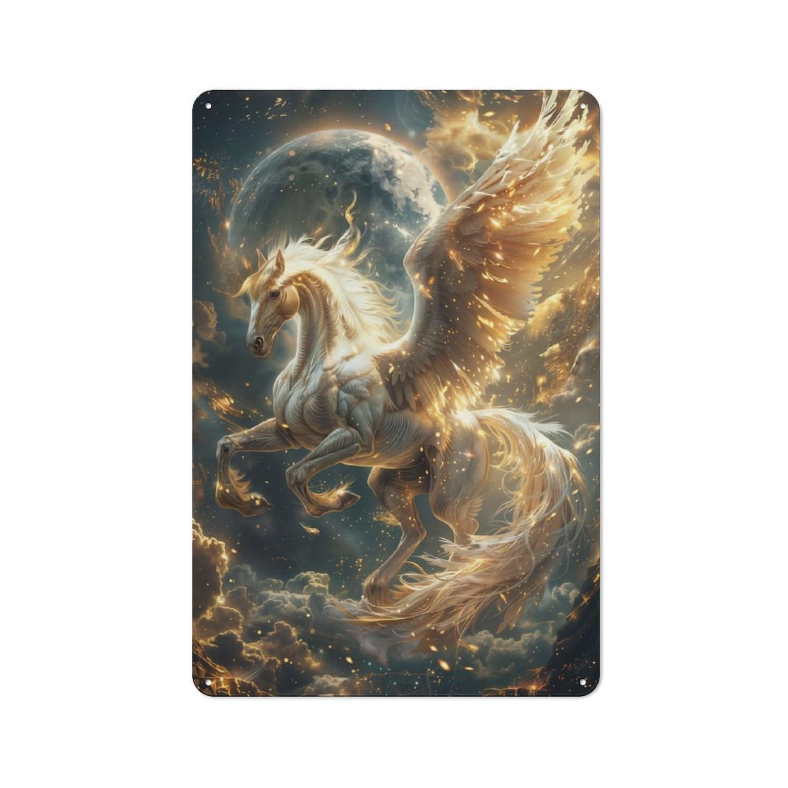 Junmoney Celestial Pegasus Ascend Printed Metal Sign 30X20cm For Home Bar Wall, With Clear Vintage Wall Decor Character