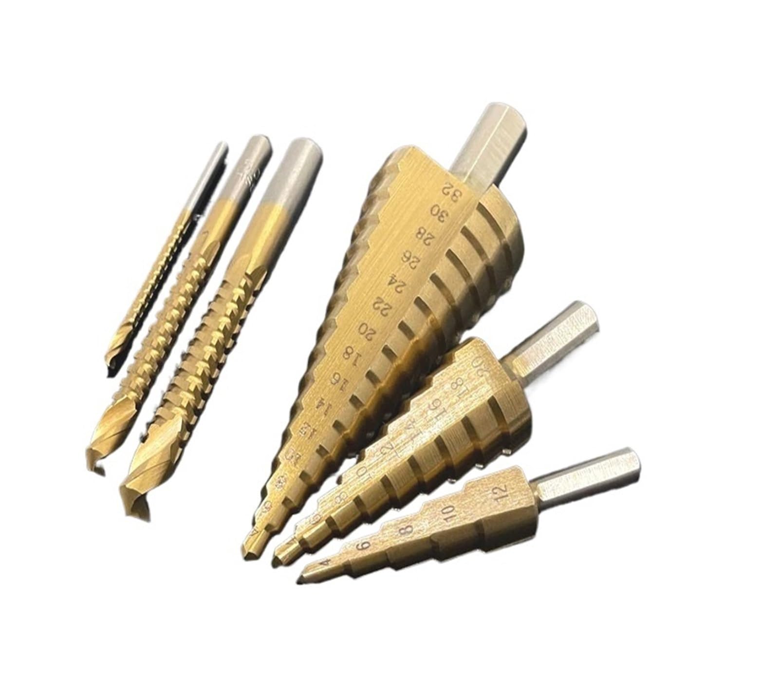 Brocas helicoidales de sierra escalonada recubiertas titanio 5 piezas | Juego de brocas multiusos for trabajos diarios de perforación en metal y madera.(E3)