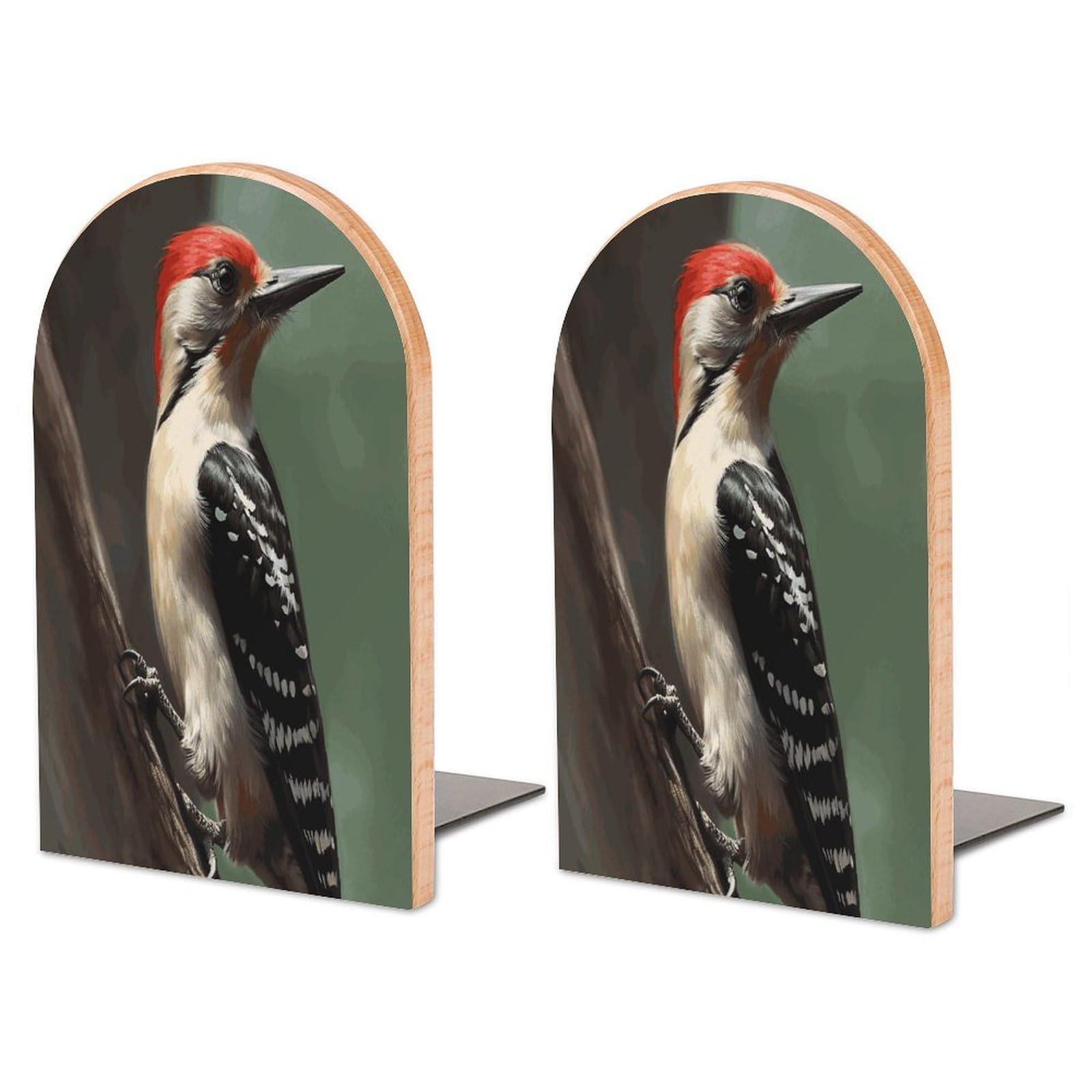 Heavy Duty Woodpecker Book End Wooden Bookends with Metal Base Non-Skid Book Stopper for Shelves Books Organizer for Home Office Supplies 6.7 X 4.7 X 3.9”