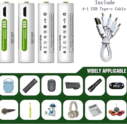 Miniatura 5 de AAA Baterías recargables 4 paquetes+cable, iones de litio 1050 mWh 1.5V batería AAA, 1200 ciclos para cepillo de dientes control remoto juguetes