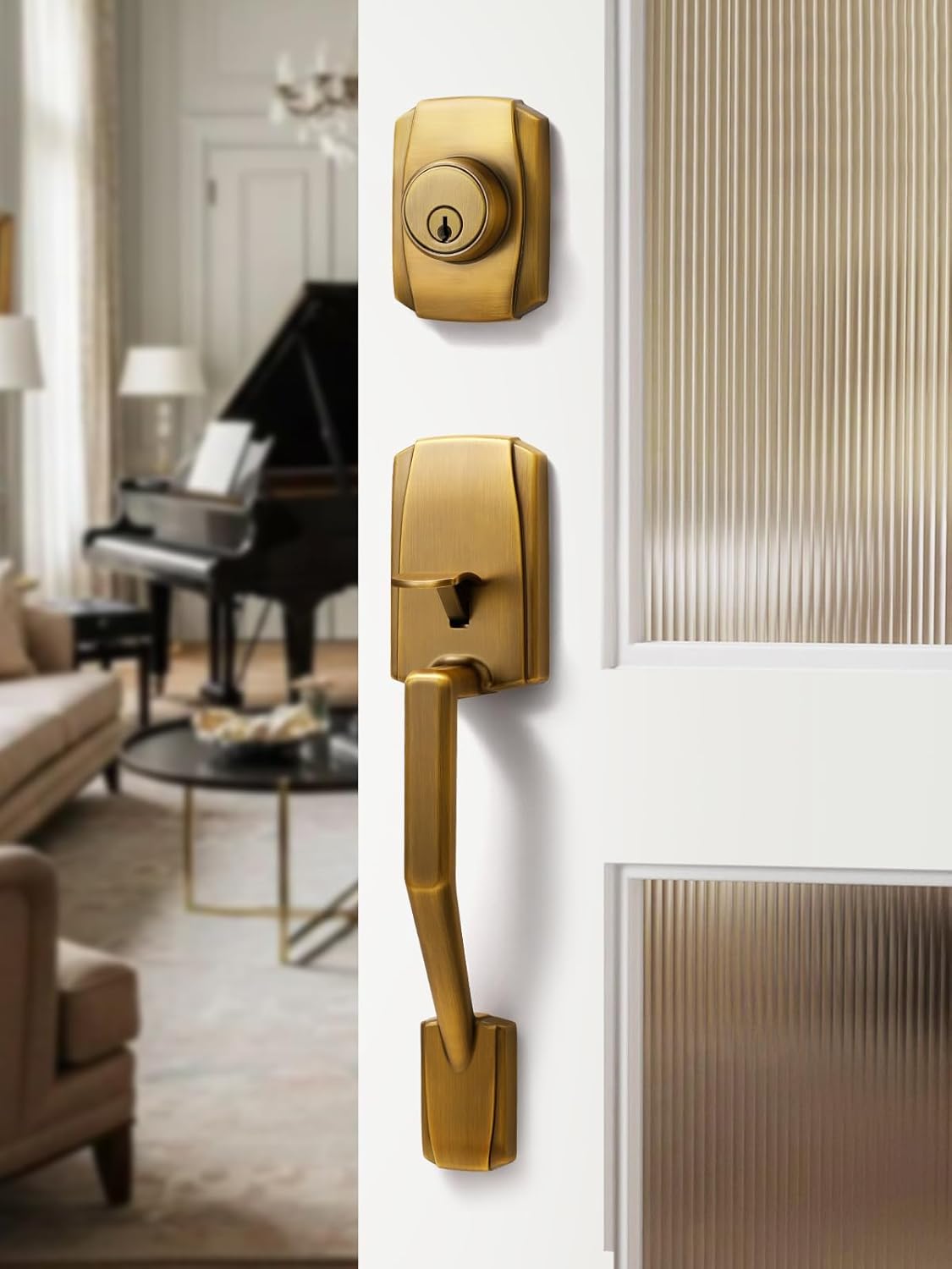 1 Pack Antique Brass Entry Door Handle and Deadbolt Set Reversible Lever Bronze Front Handleset with Lock and Key Single Cylinder