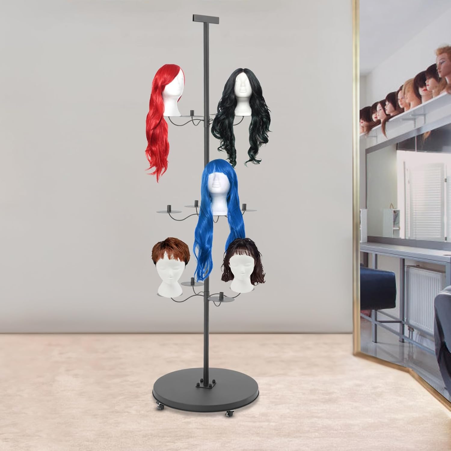 Wig Holder for 12-Head Wig Stand, Wig Holder Storage Organizer with Round Base, Rolling Wig Hanger Display Rack on Wheels, Wigs Display Organizer Storage Rack (Black)