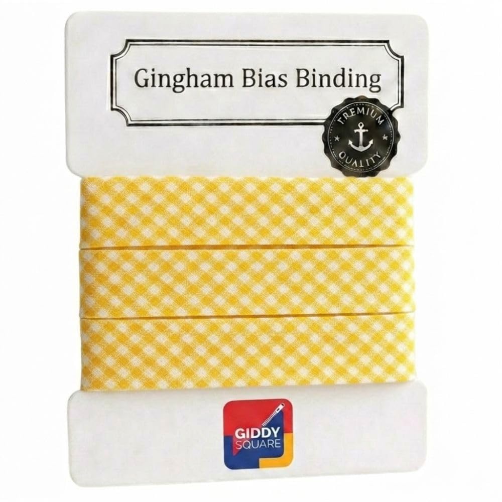 Premium Yarn Dyed Polycotton Gingham Bias Binding Tape 20mm Yellow Large Gingham 10m - Strong Smooth Hardwearing Woven Check Trim for Quiting & Garment Edging- Machine Washable - Giddy Square