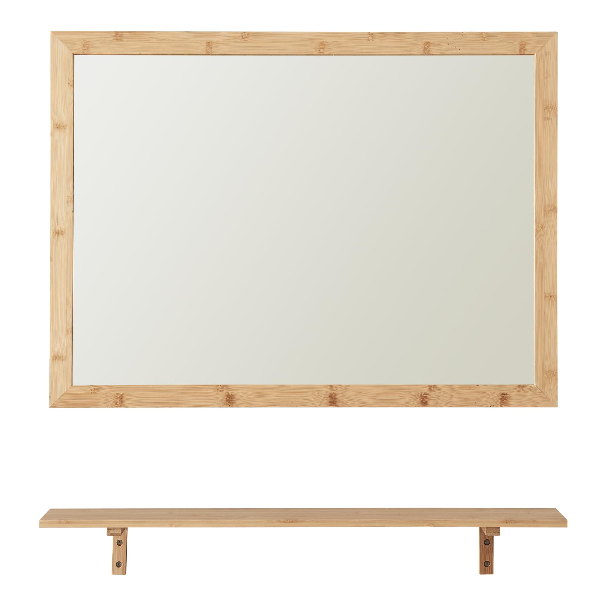[en.casa] Set da Bagno di Specchio da Parete Rettangolare 80 x 60 cm con Mensola Specchio con Cornice e Ripiano in Bambù da Appendere per Ingresso Corridoio - Naturale