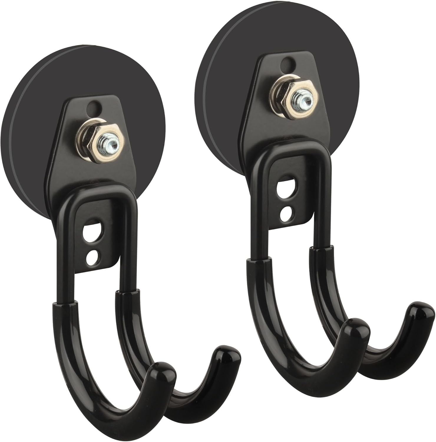 ULIBERMAGNET Strong Garage Magnetic Hooks, 2 Pack Black Heavy Duty Large J Hooks with Magnet, Non-Slip Coating - for Garden Tools, Ropes and Drills