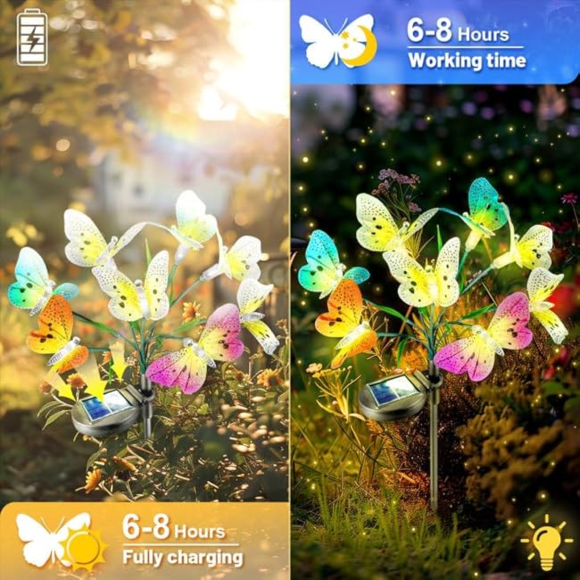 Anordsem Solar Garden Lights Outdoor: 8 Removable Fiber Optic Fabric Butterflies 2 Pack - Waterproof Fun Animal Decoration for Yard Patio - Gardening Gifts for Garden Lovers
