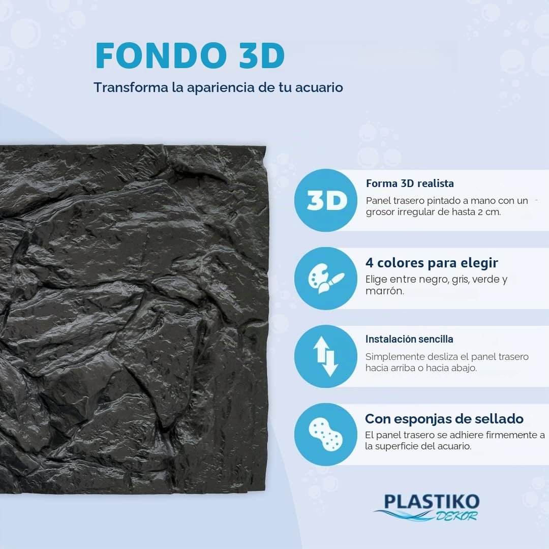 PLASTIKO - Fondo de Acuario 3D I Pared Trasera 120 x 50 cm I Fácil de Montar y Limpiar I No Requiere Pegado I Seguro para Animales I Gris con un patrón de Piedras Bajas