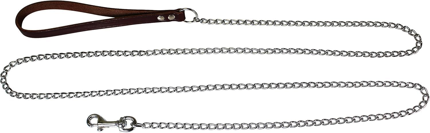 Chain Link Dog Leash with 2.5mm Medium Duty Links and Tan Perma Leather Handle, 4ft Length