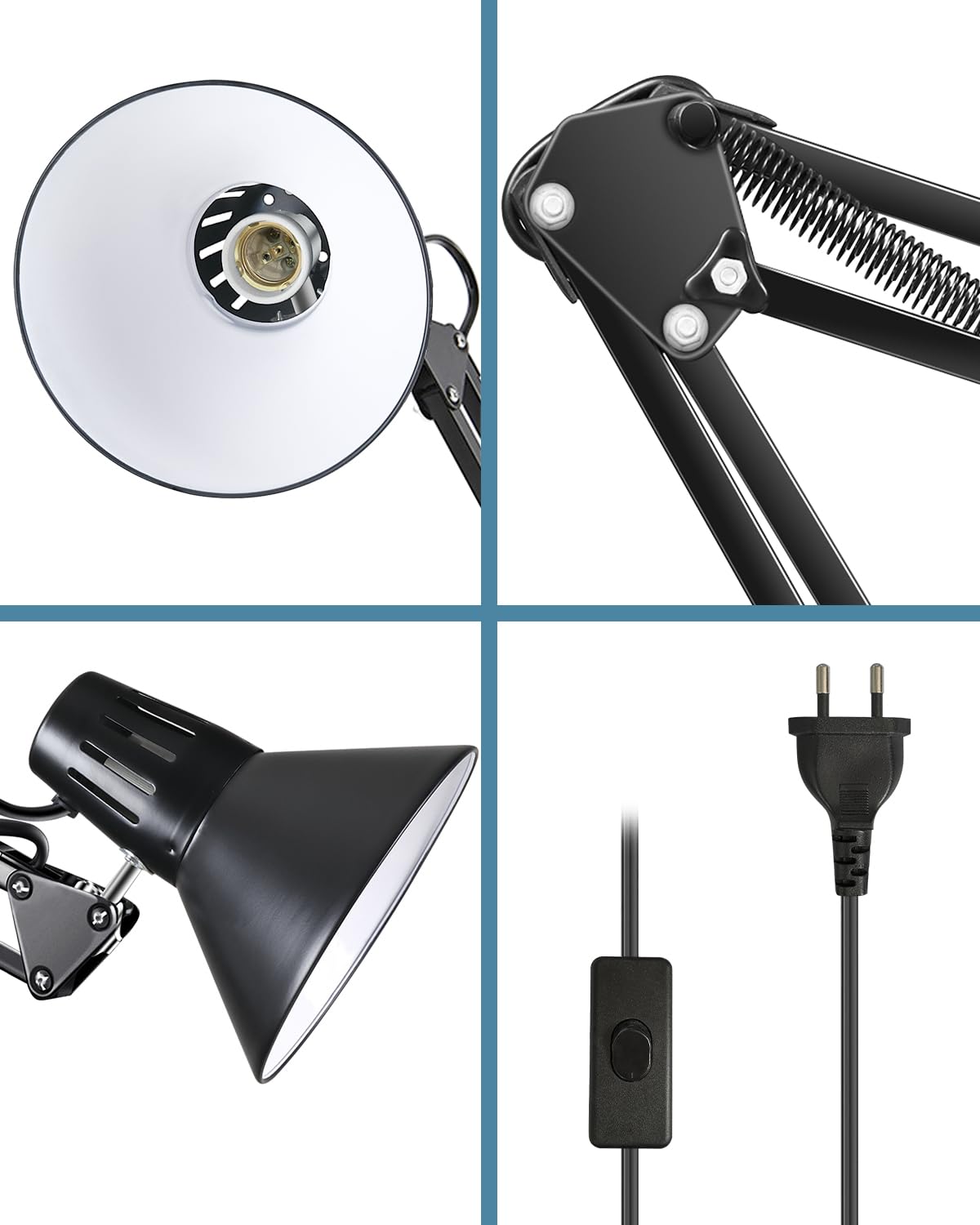 Milpoel Lampe de Table Métallique, Tête Orientable, Design Moderne, avec Douille E27, Interrupteur sur Cordon 1,7m, pour Bureau, Lecture, Chevet (Noir)