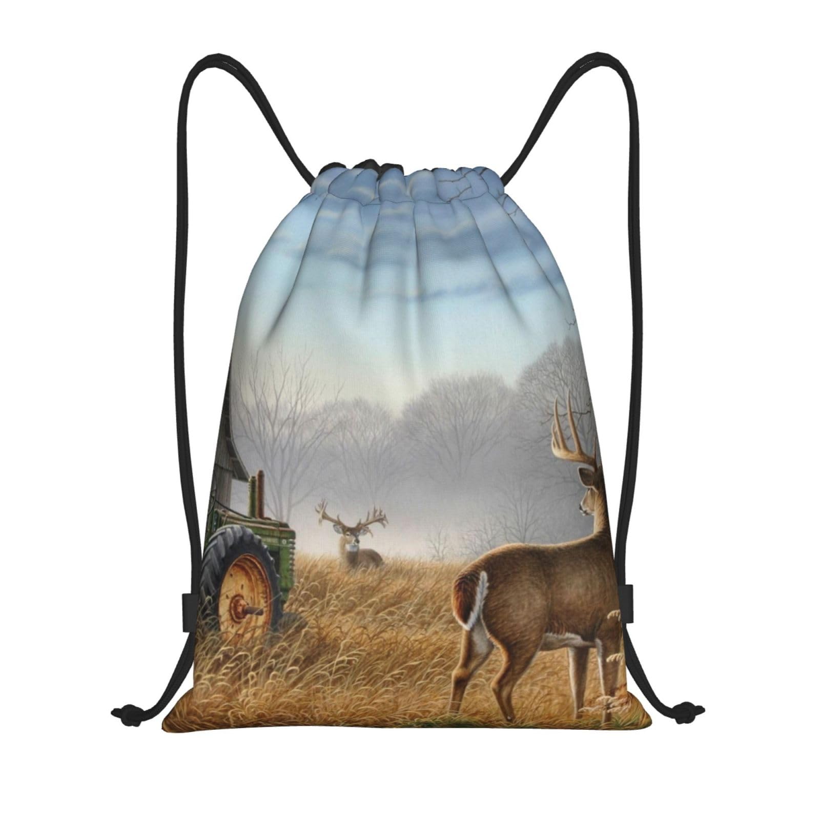 AABSTBFM Farm With Deer Lightweight Drawstring Backpack | M - String Backpack Bags For Gym, Travel, Shopping, School, And More