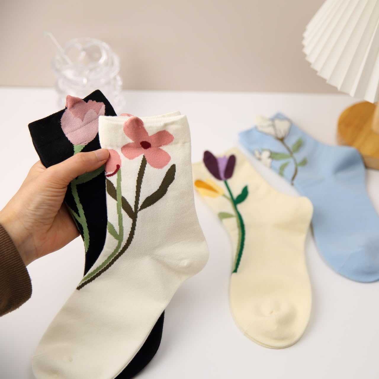 MarJunSep Cute Floral Crew Socks for Women Teen Girls Flower Cottagecore Frilly Vintage Fancy Cotton Socks - Image 7