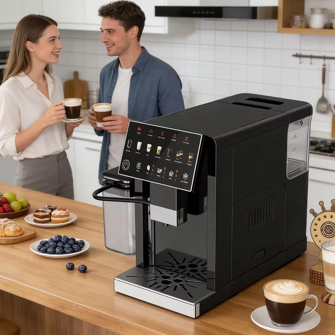 Kismile Automatic Espresso Machine with Grinder & Milk Frother, Latte & Cappuccino Maker, Single/Double Cup, Thickness Adjustment, 1.5L Removable Water Tank