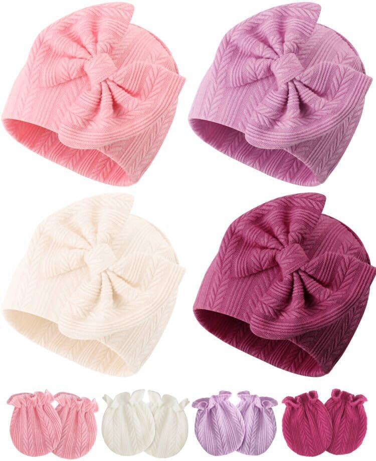 BQUBO Newborn Baby Hats Bear Ears and Mittens Sets Preemie Caps Baby Boy Girl Infant Hospital Beanie for 0-3 Months