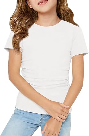 Haloumoning Girls Short Sleeve T Shirts Kids Ruched Side Slim Fit Tops 5-14Y