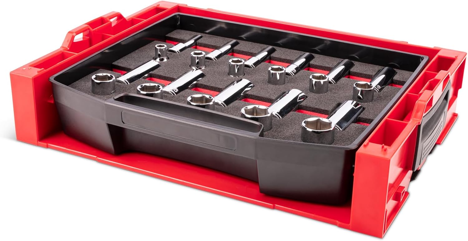 TEKTON 1/2 Inch Drive Shallow and Deep 6-Point Socket Set with Open Top Drawer and Rack, 22-Piece (3/8-1 in.) | SHD92700