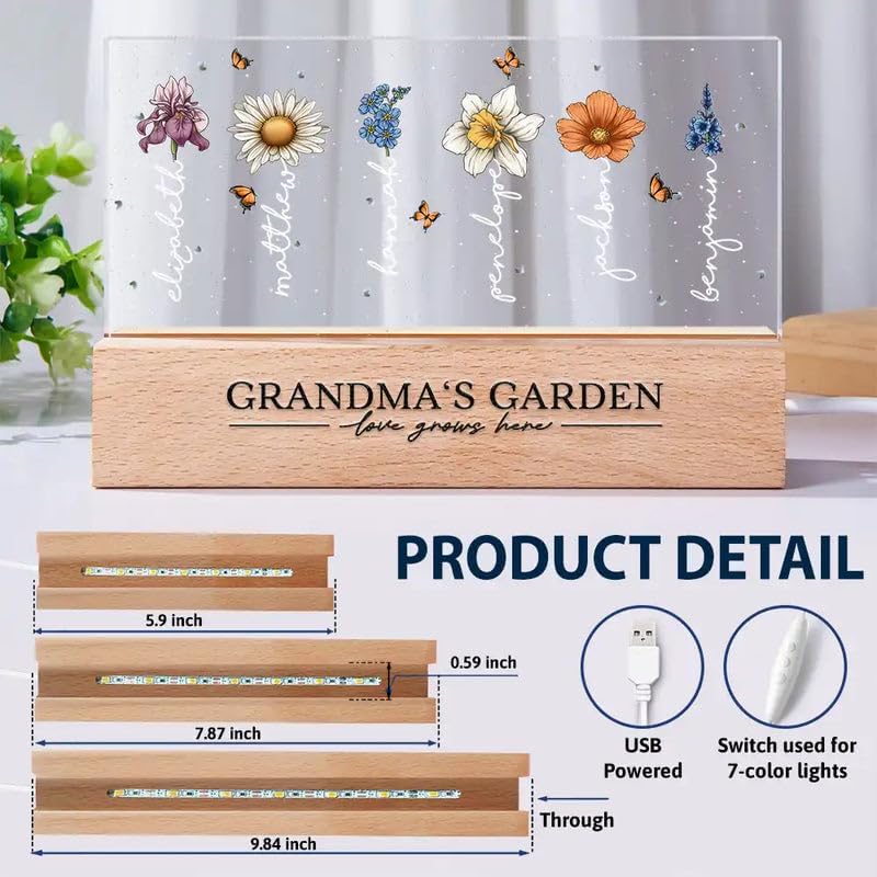 Personalized Rectangle LED Light - Birthday Keepsake, Family Home Décor, Meaningful Gift for Grandma, Mother’s Day or Christmas Gift - Grandma's Garden Birth Month Flowers