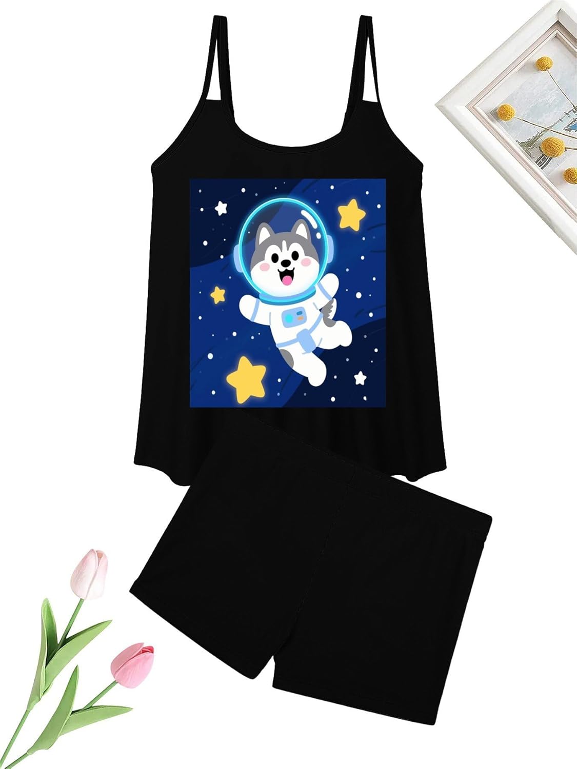 Cute Husky Astronauts on Space Tankini Swimsuits for Women Tummy Control Two Piece Bathing Suits Swim Tops with Boy Shorts