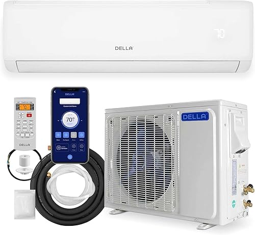 DELLA 18000 BTU Mini Split AC 21 SEER2 enfría hasta 1000 pies cuadrados, 208-230 V, aire acondicionado y calentador habilitado para WiFi con bomba