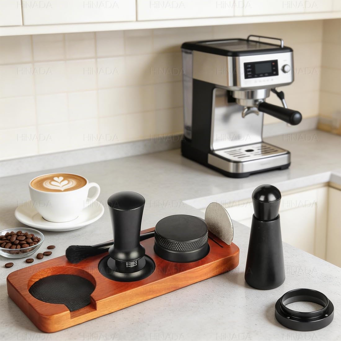 HiNADA Kit d’Accessoires pour Espresso, Tasseur à Café 51 mm avec Support de Tassage, Niveleur, Outil WDT, Anneau Doseur, Brosse de Nettoyage, Filtre à Café (51 mm)
