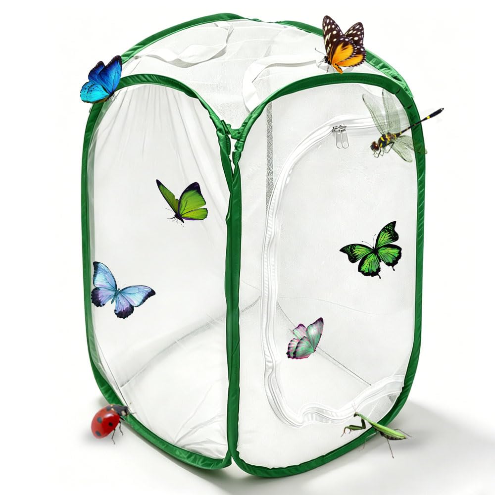 Gabbia per Insetti e Farfalle, 40×40×60 cm Gabbia per Farfalle Pieghevole, Gabbia per Habitat Farfalla con Cerniera e Maniglia, Gabbia per Insetti Portatile Pop-up per Piante, Insetti