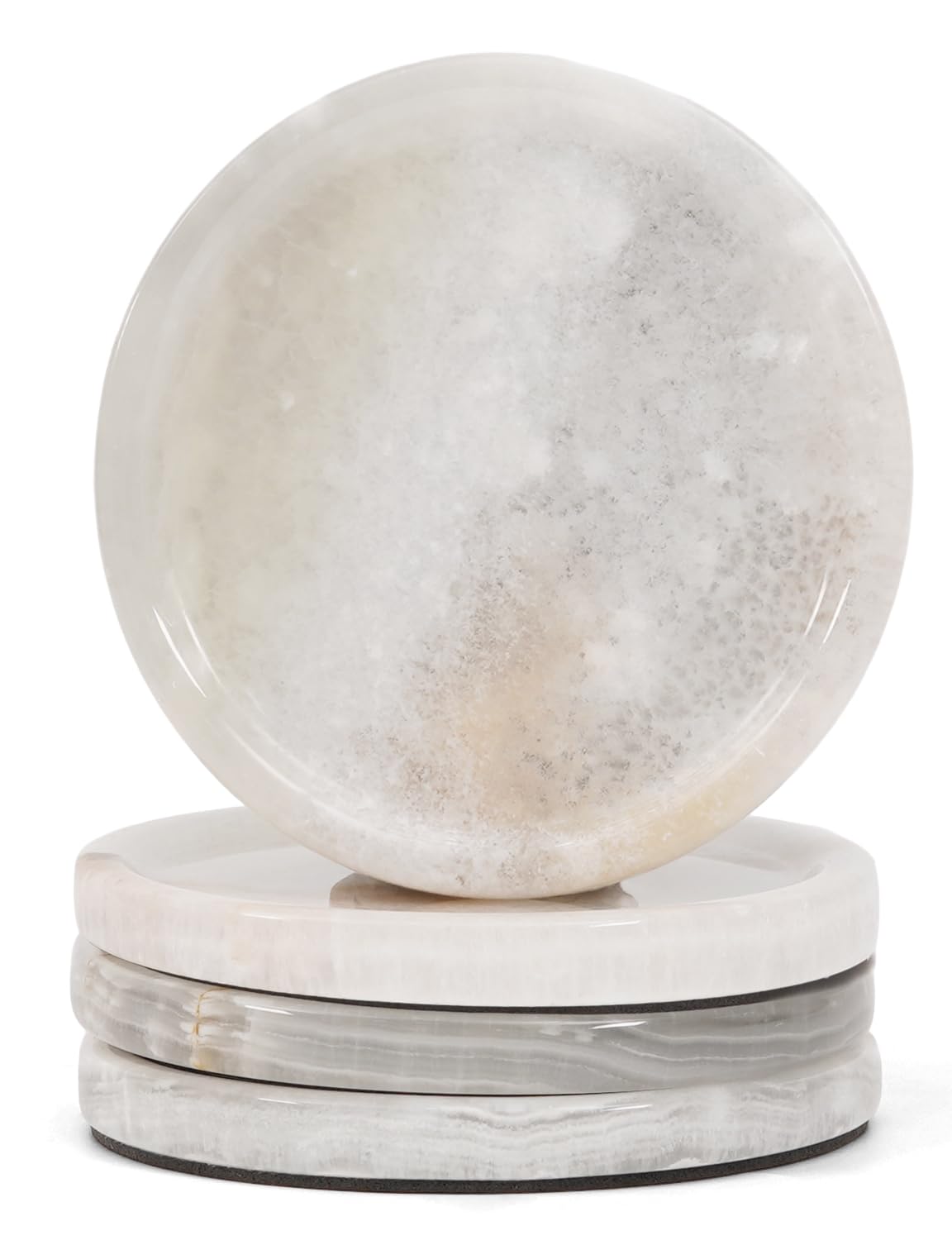 Earthen Crafts White Onyx Marble Coasters, Handmade, Durable and Elegant, 4 Inch Round Stone Coasters for Drinks, Meeting Table Decor, Kitchen, Bar, Set of 4