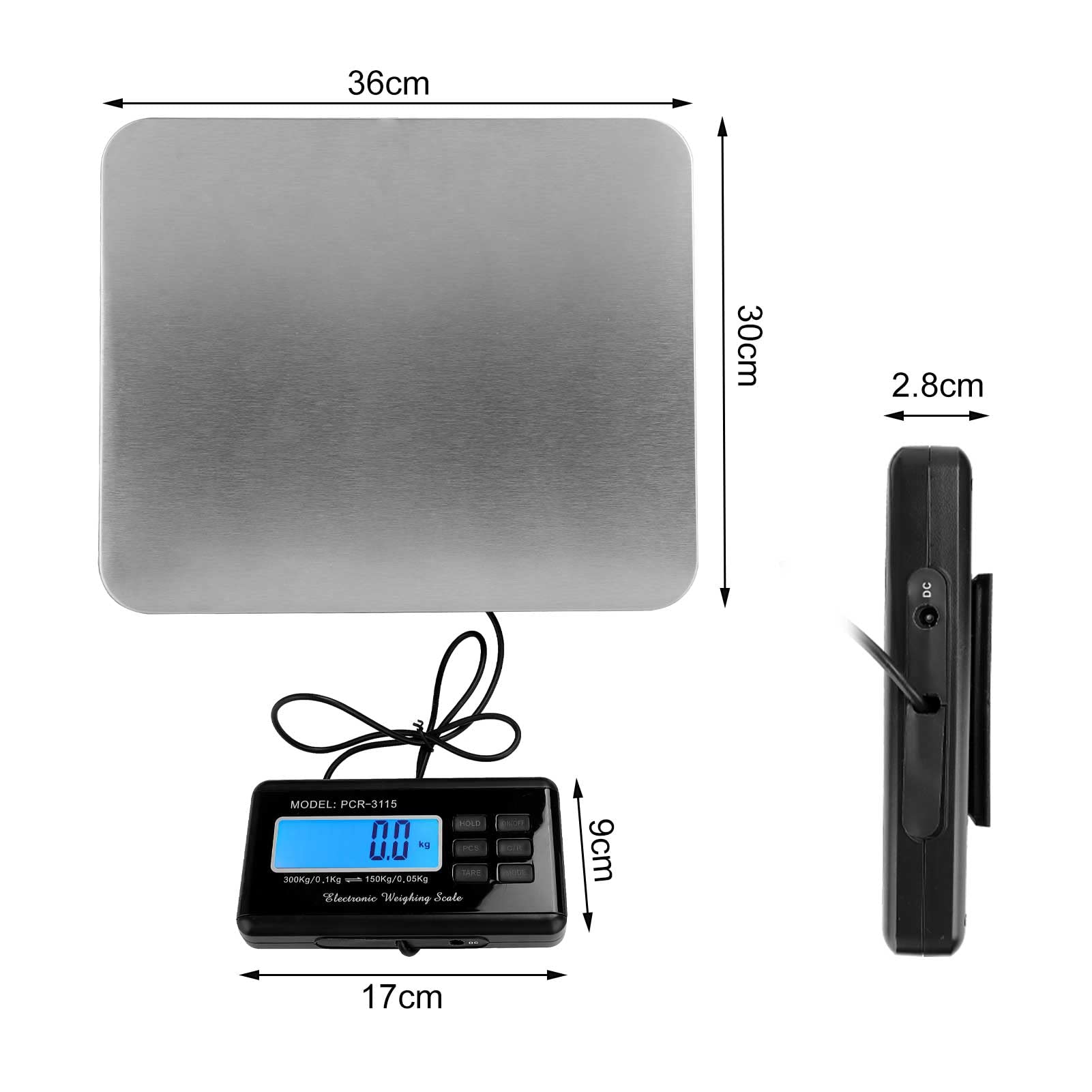 Trintion Paketwaage Fleischwaage mit Zählfunktion Plattformwaage Edelstahl Waage bis 300 kg Externes Beleuchtetes LCD Wand Display Digitalwaage Plattformgröße 36cmx30cm