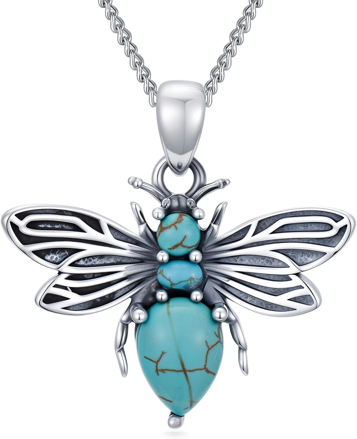 Genuine Turquoise Bee Necklace Pendant for Women 925 Sterling Silver Green Bumble Bee Jewelry with Black Hollow Wings for Her Wife Girlfriend