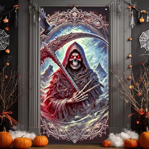 Image of BlissYard Door Cover Grim Reaper 35x71 Inch Polyester | Door Banner, Wall Decor | Grim Reaper Entry Accent, Gothic Scene Backdrop | Porch, Hallway, Party (Gothic Art)