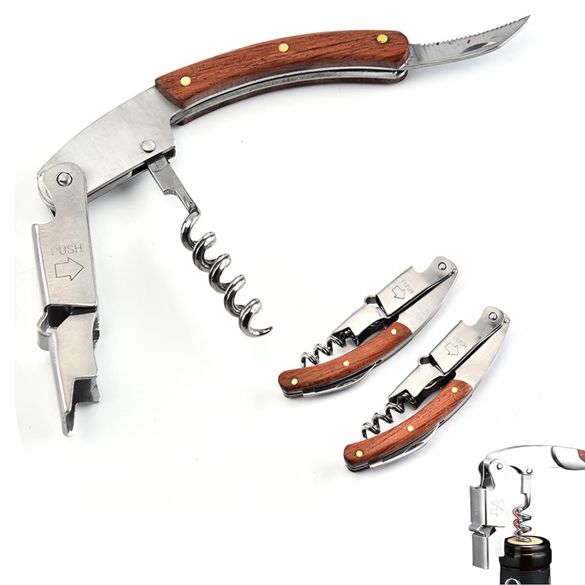 ELECDON Wine Corkscrew Opener, Wooden Handle Wine Corkscrew with Knife, Stainless Steel Portable Wine Bottle Opener Suitable for Waiters, Sommelier and Bartenders, KTV, Wine Cellars