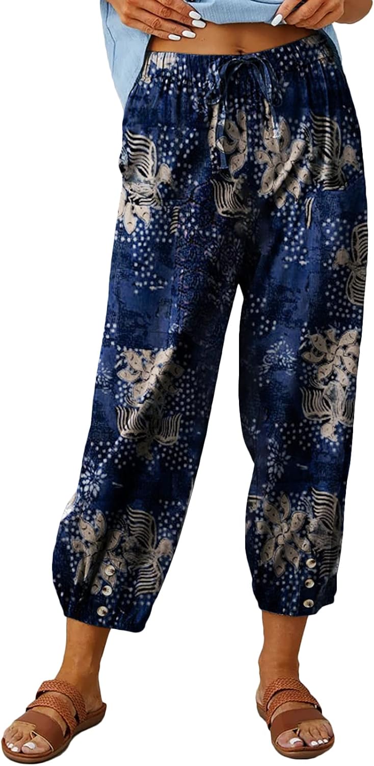 Women's Capri Pants High Waist Drawstring Cinch Bottom with Button Cotton Loose Casual Trouser with Pockets