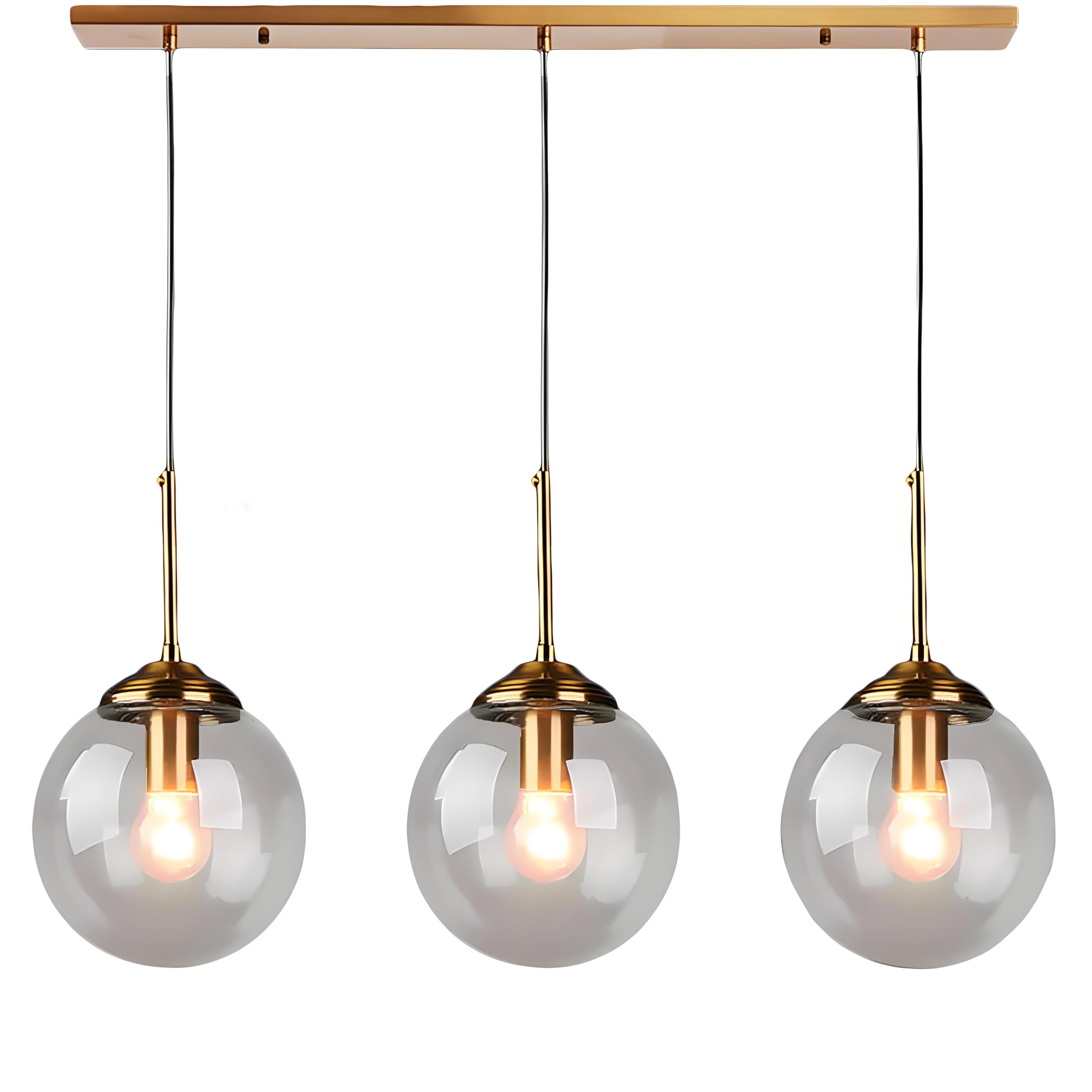 XIRYTU-H Industrial Vintage 3 Way Pendant Light with Brass Metal Finish,Adjustable Dining Room Lights Ceiling Over Table,3-in-1 Glass Ball Hanging Lamp for Kitchen Island Loft Bar (Clear)