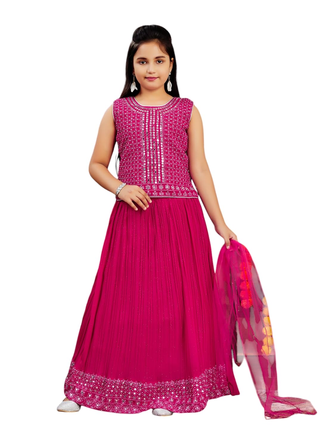 Aarika Girls Ethnic Wear Rani Colour Mirror Embroidery Georgette Lehenga Choli Set (4-10 Years)