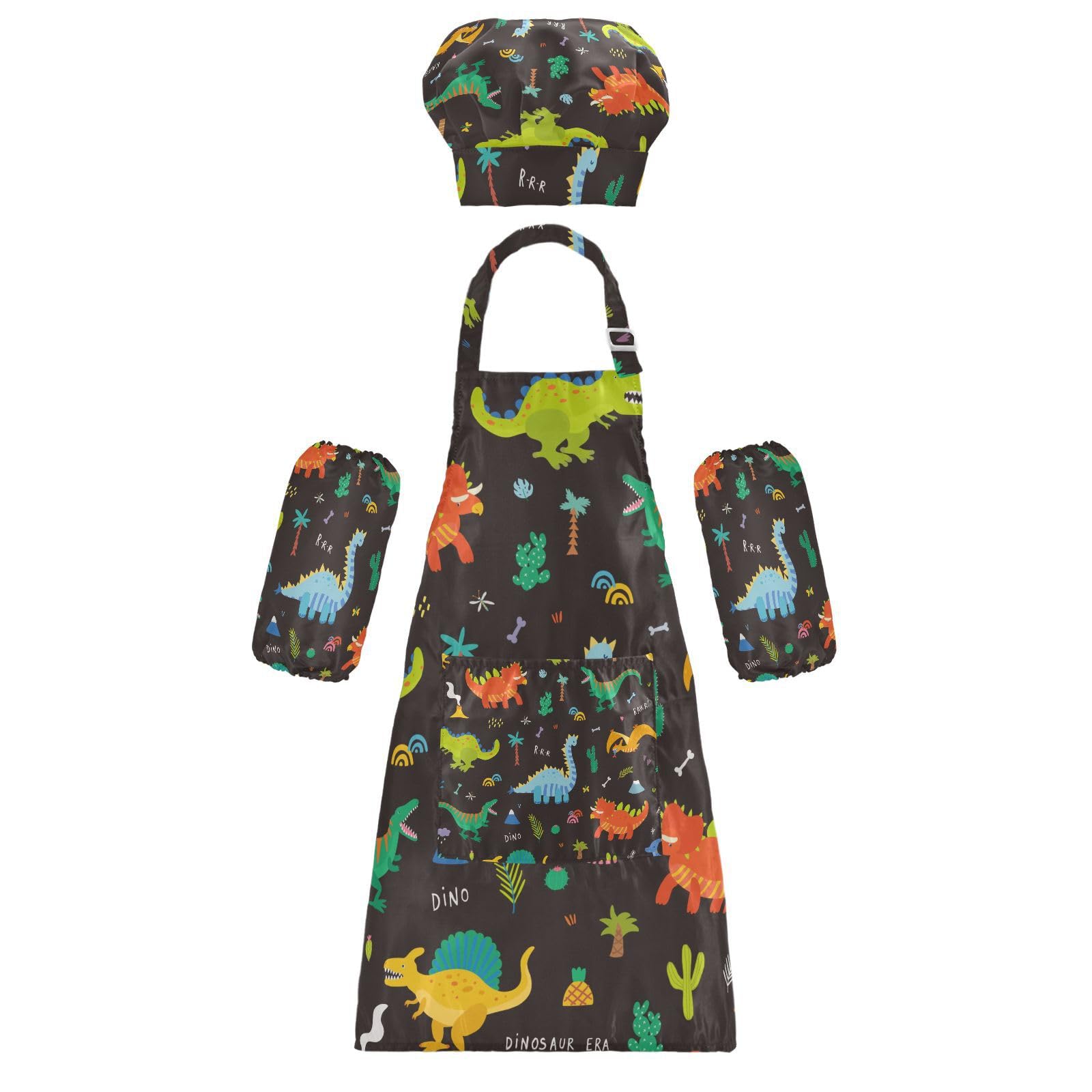 Kids Apron Chef Hat Sets Cartoon Dinosaurs Cooking Aprons Boys Girls Toddler Chef Outfit Artist Apron with Pockets 3-6