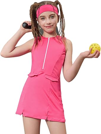 Perfashion Girls Tennis Dress Golf Outfit Zipper Athletic Dress with Built in Shorts Workout and Cargo Pockets 4-13Y
