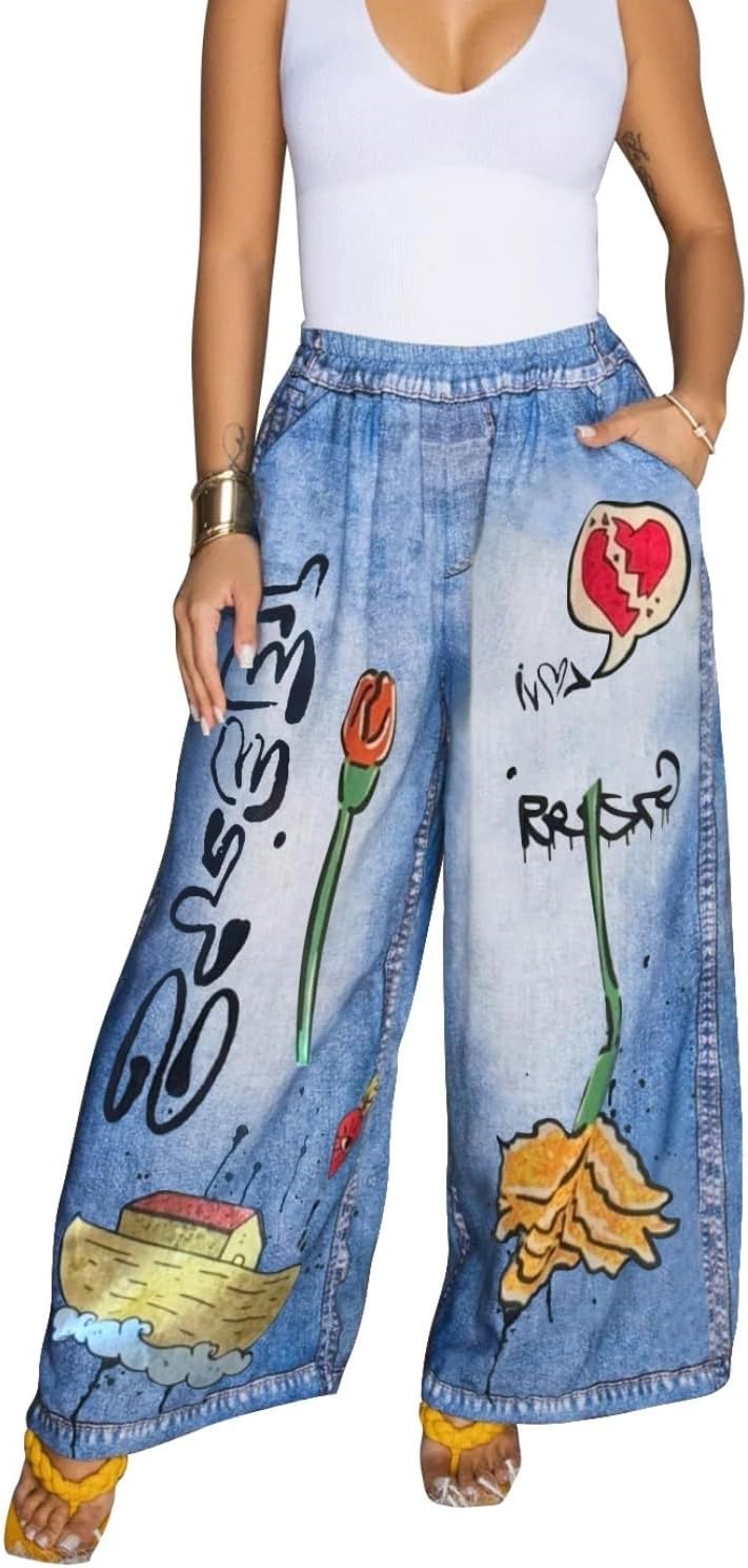 Yeshire Jeans for Women Floral Print High Waisted Wide Straight Leg Bow Jeans Denim Pants