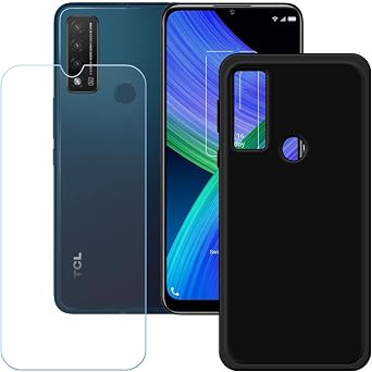 Black Cover for TCL 20AX 5G + HD Tempered Glass, Silicone Shell TPU Bumper Protective Back Case - Scratch Screen Protector for TCL 20AX 5G 6,52"