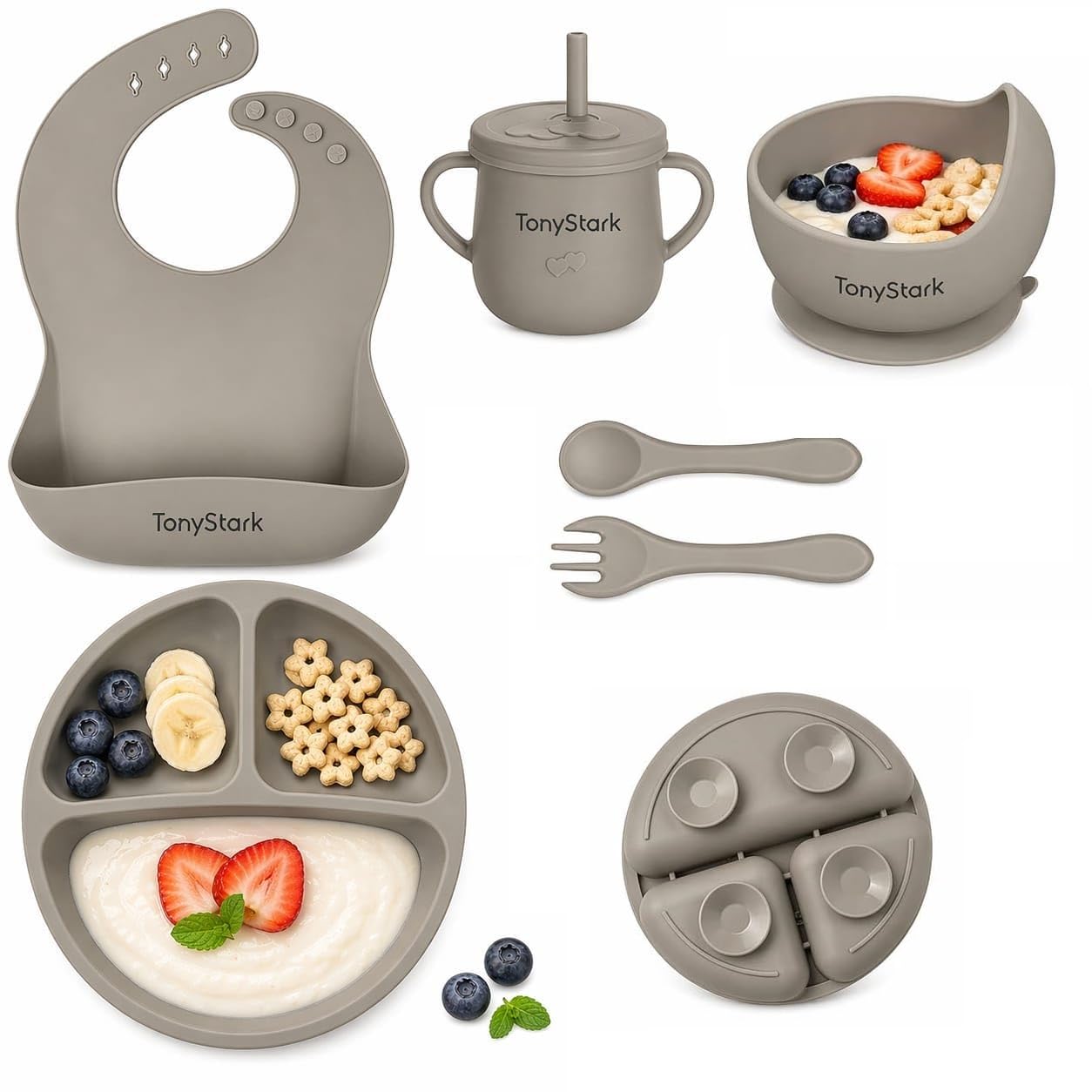 Tony Stark 7 Pcs Silicone Baby Feeding Set Bpa-Free,Microwave Safe,Anti-Slip Base | Complete Tableware Kit for Babies & Toddlers with Suction Plate,Bowl,Cup, Spoon,Fork & Bib (Grey)-image-32